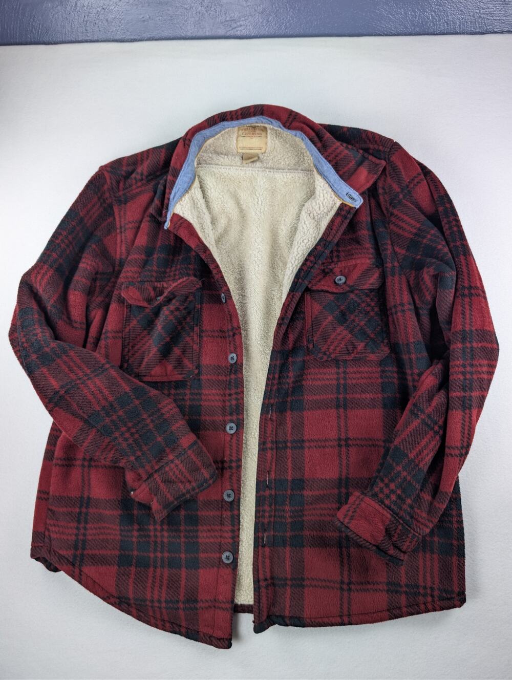Telluride Men XL Red Black Plaid Sherpa Lined Flannel Shacket Jacket